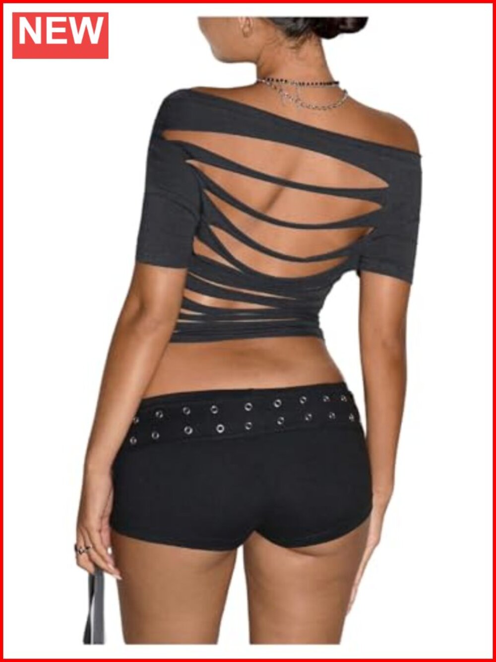 Women's Ripped Crop Top Cut Out Off Shoulder Distressed T Shirt